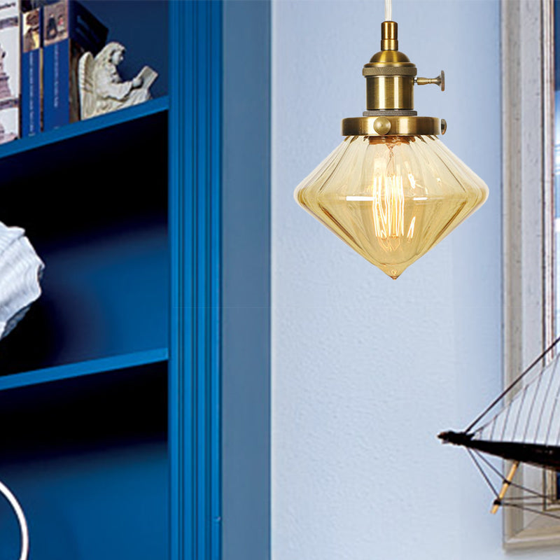 Adjustable Height Industrial Pendant Light With Diamond Glass Shade - Black/Bronze/Brass Finish