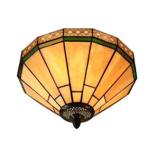 White Stained Glass Ceiling Light 2-Light Medium Flush Mount With Tiffany Style Cone Shade
