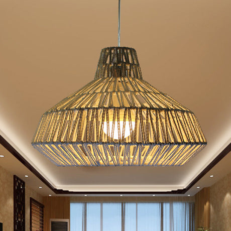 Traditional Beige Ceiling Pendant Light - 1 Head Living Room Hanging Lamp With Urn Paper Shade