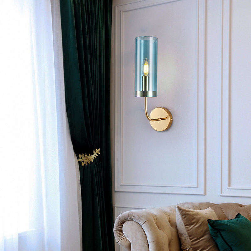 Retro Brass Sconce Wall Mount Lamp With Cylindrical Glass Shade 1/2 Light Fixture For Living Room