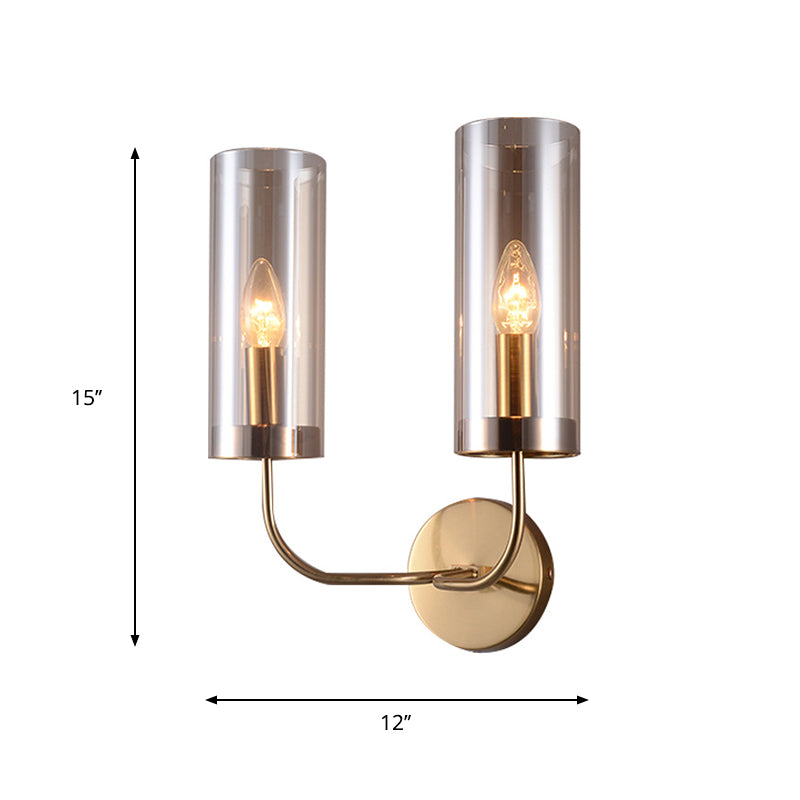 Retro Brass Sconce Wall Mount Lamp With Cylindrical Glass Shade 1/2 Light Fixture For Living Room