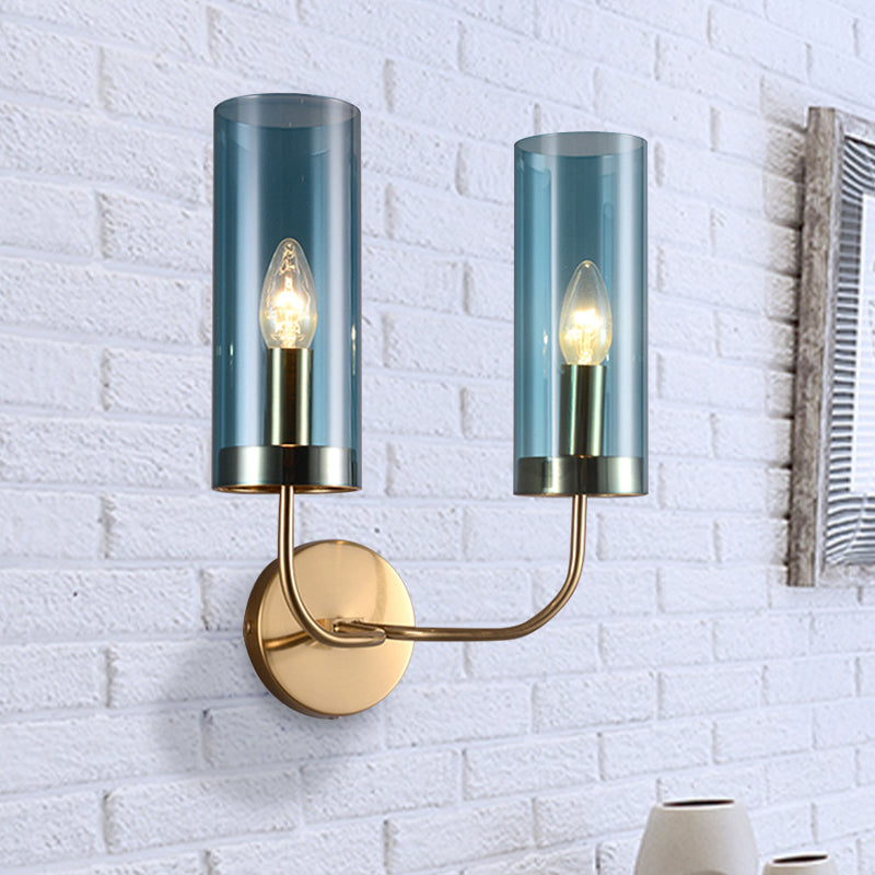 Retro Brass Sconce Wall Mount Lamp With Cylindrical Glass Shade 1/2 Light Fixture For Living Room