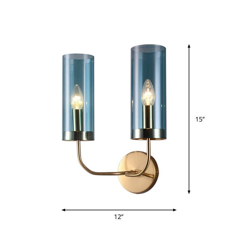 Retro Brass Sconce Wall Mount Lamp With Cylindrical Glass Shade 1/2 Light Fixture For Living Room
