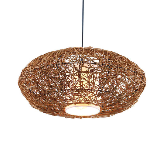 Retro Rattan Hanging Light With Woven Suspension - Brown 1 Bulb Perfect For Tearooms