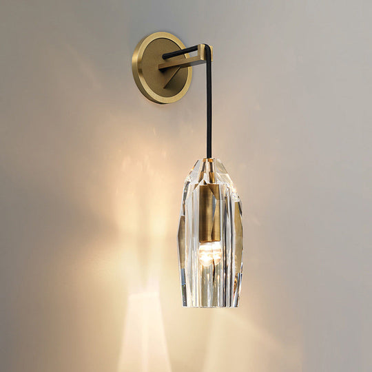 Minimalist Single Light Brass Wall Mounted Sconce Lamp With Clear Crystal Facets
