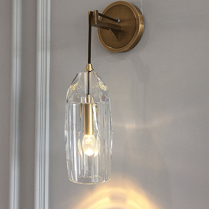 Minimalist Single Light Brass Wall Mounted Sconce Lamp With Clear Crystal Facets