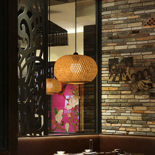 Modern 1-Bulb Wood Pendant Light Fixture With Bamboo Shade - Donut/Hat Hanging Design