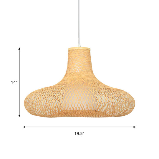Bamboo Weave Pendant Light Kit With 1 Bulb - Contemporary Wood Hanging Lamp 16’/19.5’ Wide