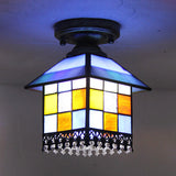 Rustic Lodge Stained Glass Flush Mount Lamp - 1-Head House Lighting In Black/Blue/Brass Blue