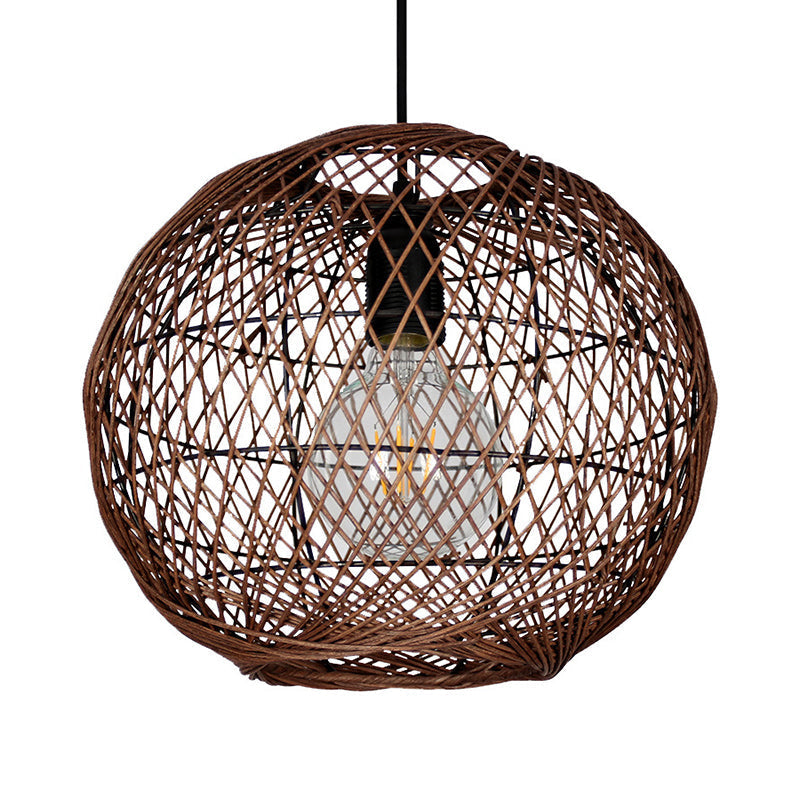 Asian Rattan Ball Ceiling Light - Coffee Pendant Fixture For Living Room 1 Bulb