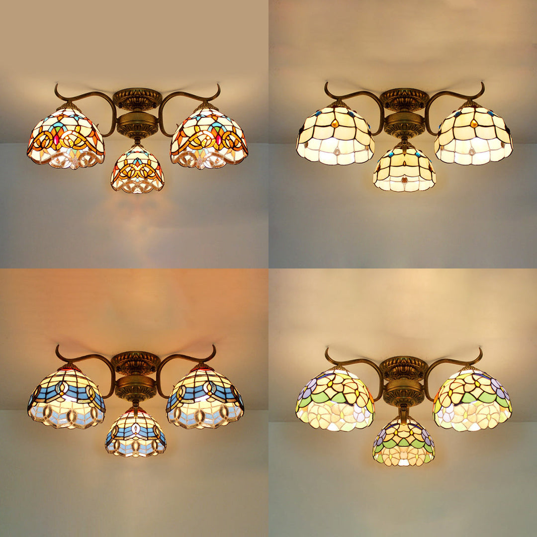 Stunning Tiffany Style Stained Glass Ceiling Light With Victorian Gem & Flower Design - 3 Semi
