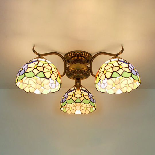 Stunning Tiffany Style Stained Glass Ceiling Light With Victorian Gem & Flower Design - 3 Semi Flush