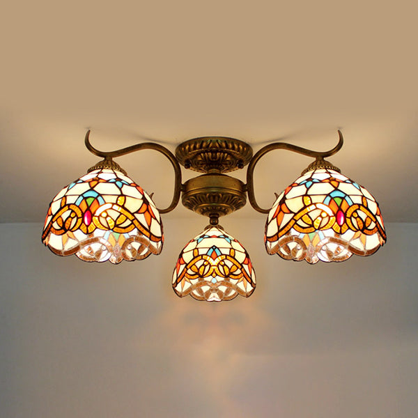 Stunning Tiffany Style Stained Glass Ceiling Light With Victorian Gem & Flower Design - 3 Semi
