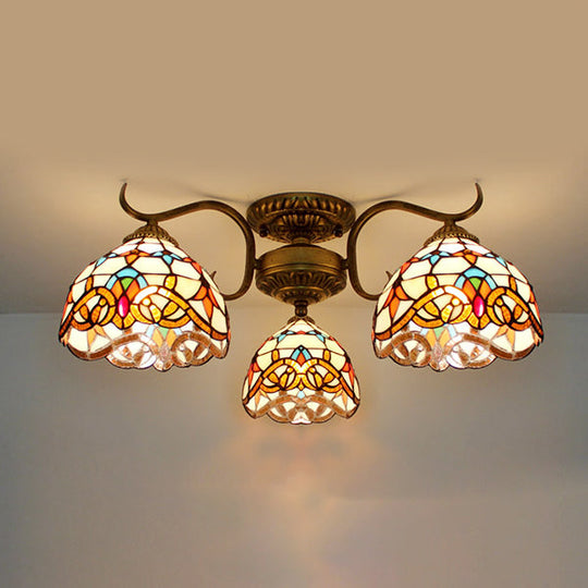 Stunning Tiffany Style Stained Glass Ceiling Light With Victorian Gem & Flower Design - 3 Semi
