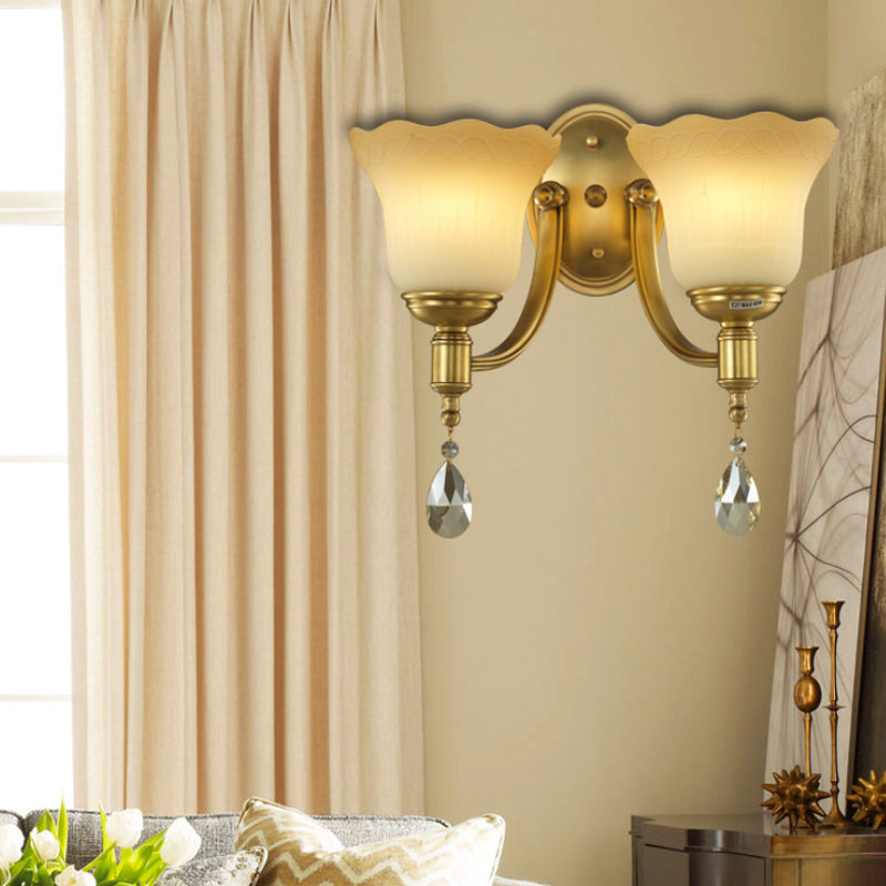 Vintage Brass Finish Wall Sconce With Frosted Glass Shade - Bedroom Mount Lamp