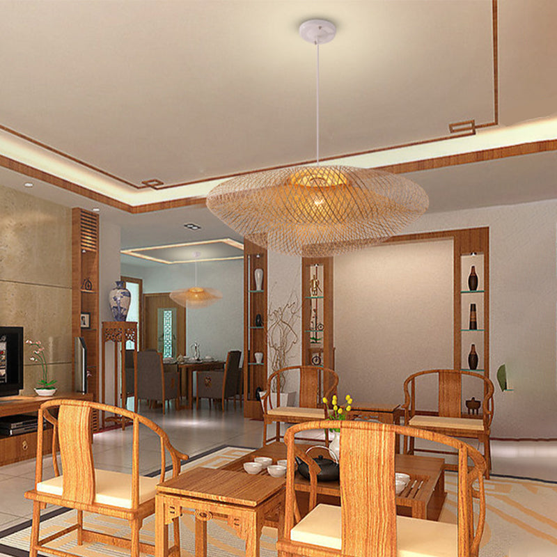 Bamboo Handmade Wood Ceiling Light With Suspension For Traditional Touch - 1 Bulb