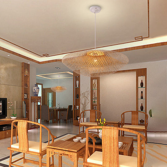 Bamboo Handmade Wood Ceiling Light With Suspension For Traditional Touch - 1 Bulb