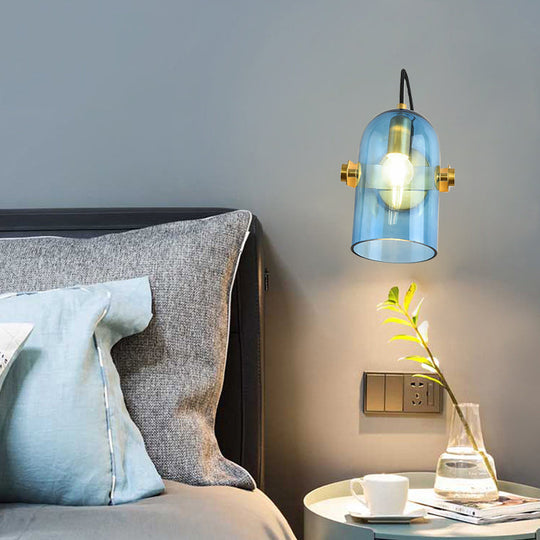Cloche Sconce Light With Amber/Blue/Smoke Gray Glass In Retro Brass Finish - Bedroom Wall Mount
