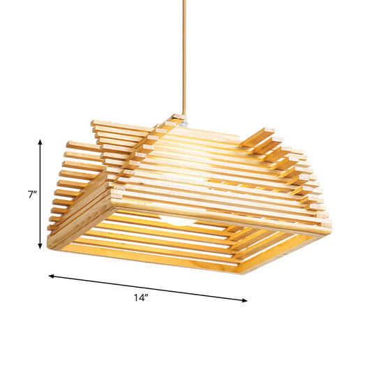Wooden Shade Modernist Pendant Light Fixture - Beige Tapered Hanging Lamp (1 Bulb)