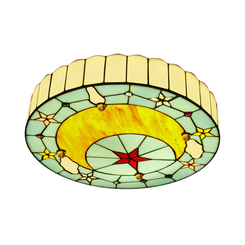 12’/16’ W Moon Flush Ceiling Light: Modern Tiffany Stained Glass Semi Mount In Blue