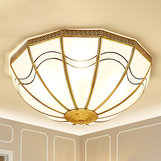 Brass Inverted Flush Ceiling Lamp With Milky Glass 4 Lights And Wave Pattern - Ideal For Bedrooms