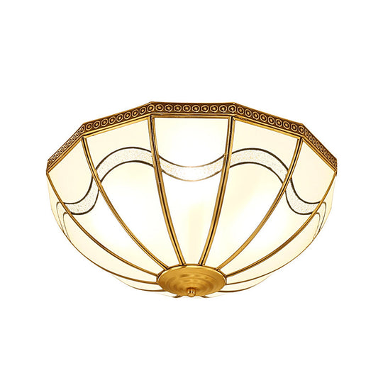 Brass Inverted Flush Ceiling Lamp With Milky Glass 4 Lights And Wave Pattern - Ideal For Bedrooms