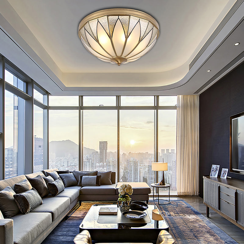 Traditional Brass Inverted Flush Mount Ceiling Light With Opal Glass – 4 Lights Ideal For Living