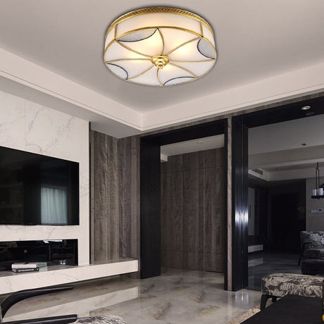Vintage Brass Flushmount Light With Frosted Glass - 4 Lights Round Ceiling Mount For Living Room