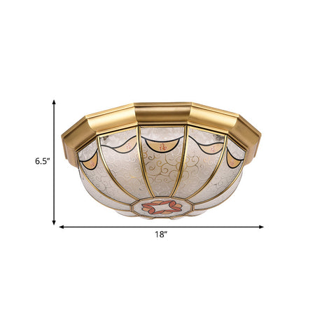 Traditional Brass Domed Shade Flush Ceiling Light With Frosted Glass - 4-Light Mount For Dining Room