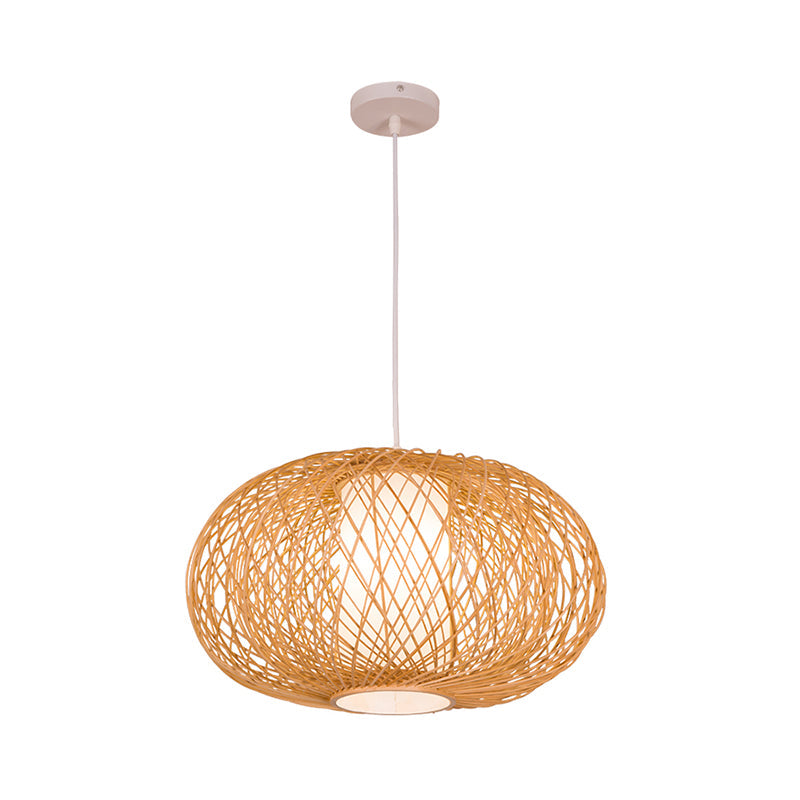 Rustic Bamboo Lantern Pendant Light For Teahouse - Wooden Ceiling Lamp With 1 Bulb