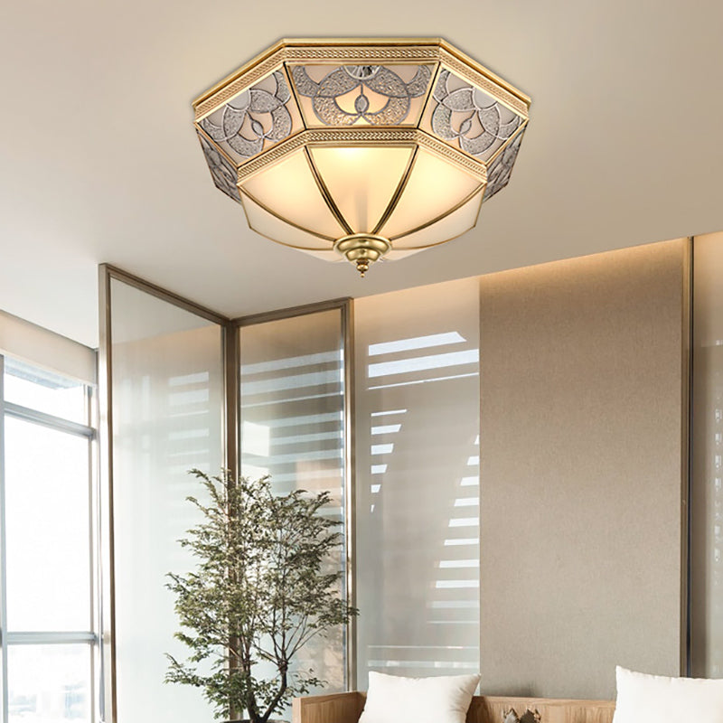 Classic Frosted Glass Flush Mount Lamp With Domed Design - Brass Finish 4 Lights
