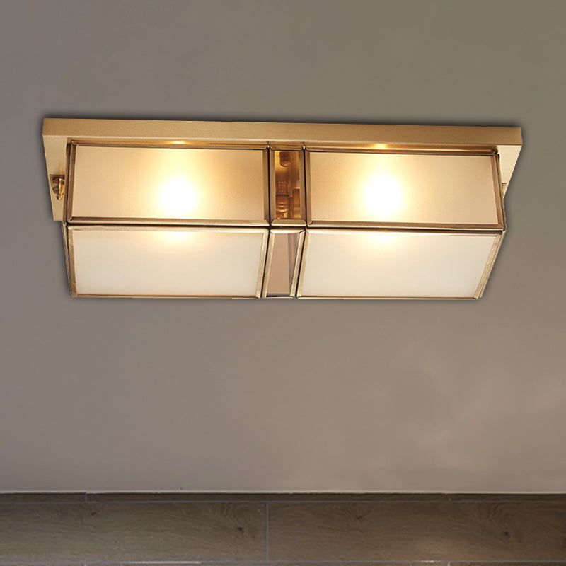 Classic Frosted Glass 4-Light Brass Rectangle Flush Mount Fixture For Living Room