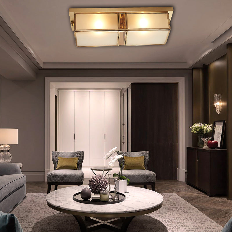 Classic Frosted Glass 4-Light Brass Rectangle Flush Mount Fixture For Living Room