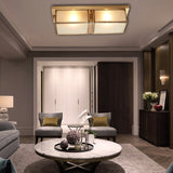 Classic Frosted Glass 4-Light Brass Rectangle Flush Mount Fixture For Living Room