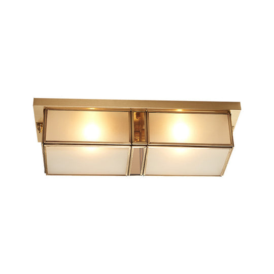 Classic Frosted Glass 4-Light Brass Rectangle Flush Mount Fixture For Living Room
