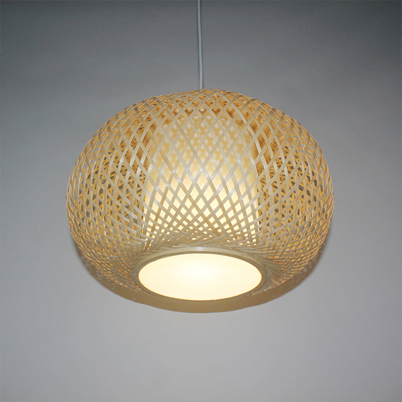 Bamboo Pendant Light With Pumpkin Design Perfect For Restaurant - 1 Bulb Hanging Kit Wood