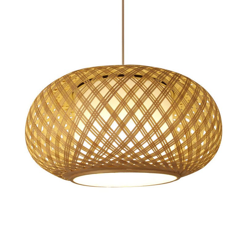 Asian Wood Pendant Light With Lantern Bamboo Shade For Tearoom Ceiling