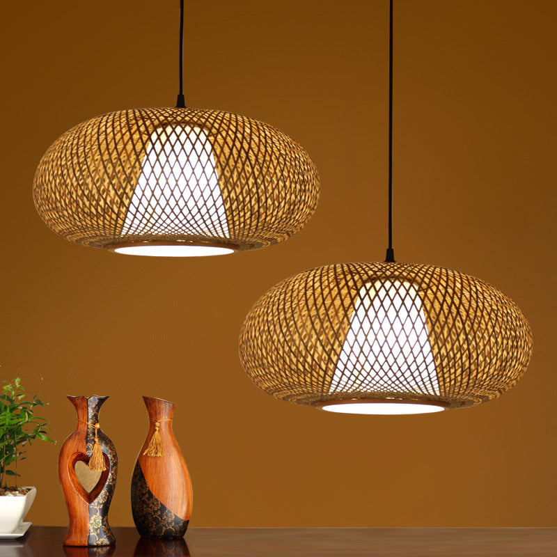 Curved Bamboo Pendant Drum Light With Tradition Design - 12’/14’/16’ Wide Hanging Lamp Kit