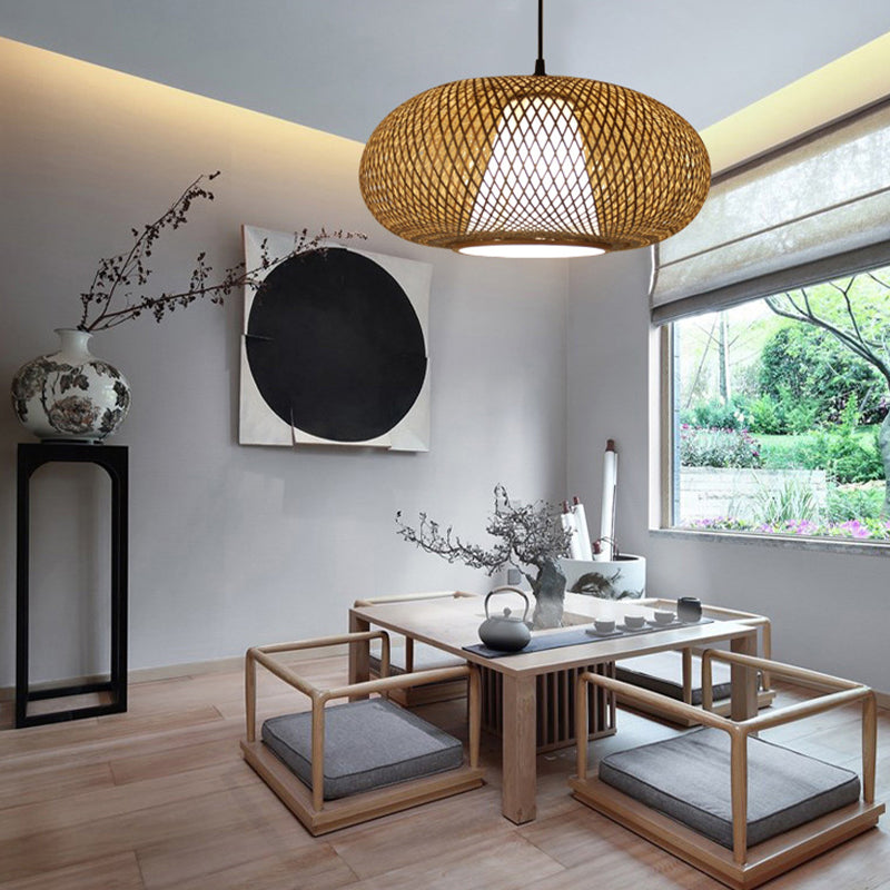 Curved Bamboo Pendant Drum Light With Tradition Design - 12’/14’/16’ Wide Hanging Lamp Kit