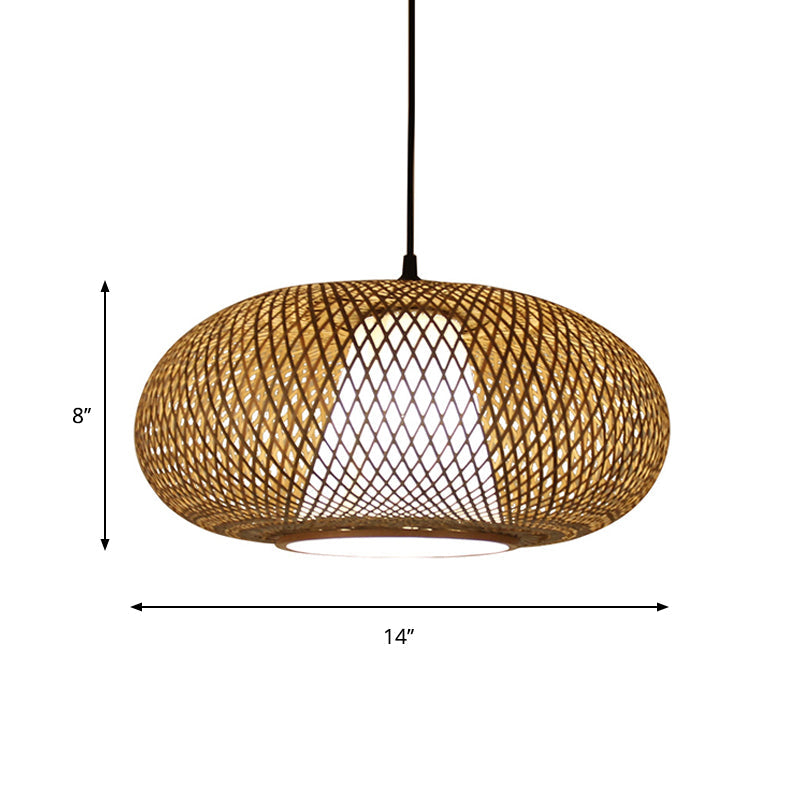 Curved Bamboo Pendant Drum Light With Tradition Design - 12’/14’/16’ Wide Hanging Lamp Kit