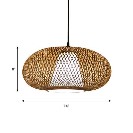 Curved Bamboo Pendant Drum Light With Tradition Design - 12’/14’/16’ Wide Hanging Lamp Kit