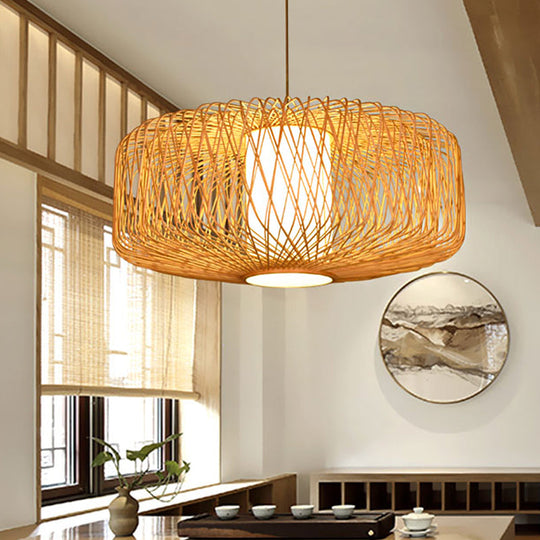 Cylinder Bamboo Suspension Pendant Light Kit - Contemporary Design Black/Wood Finish 1 Bulb