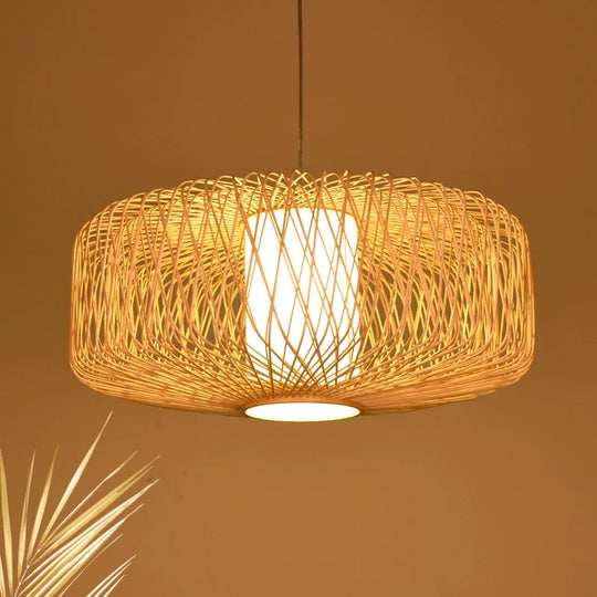 Cylinder Bamboo Suspension Pendant Light Kit - Contemporary Design Black/Wood Finish 1 Bulb