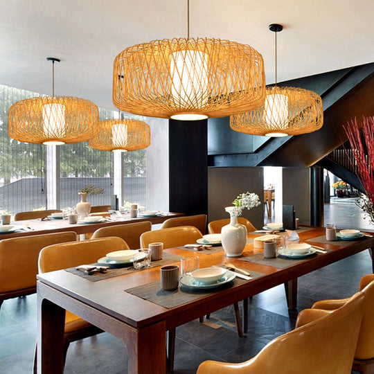 Cylinder Bamboo Suspension Pendant Light Kit - Contemporary Design Black/Wood Finish 1 Bulb
