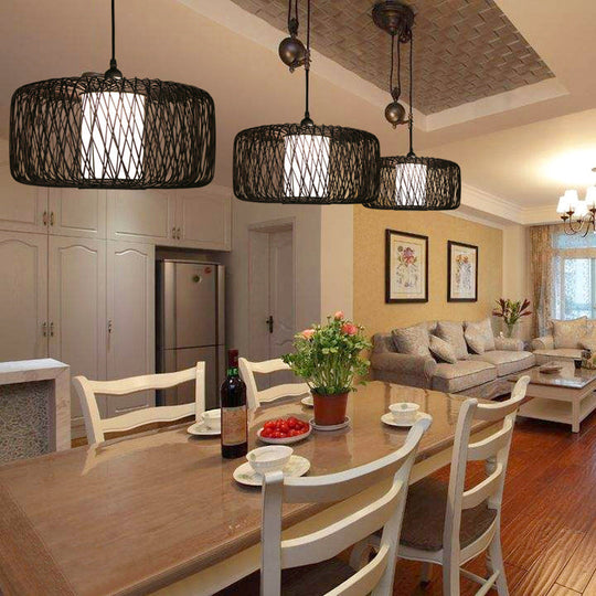 Cylinder Bamboo Suspension Pendant Light Kit - Contemporary Design Black/Wood Finish 1 Bulb