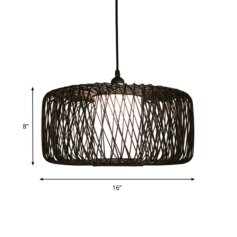 Cylinder Bamboo Suspension Pendant Light Kit - Contemporary Design Black/Wood Finish 1 Bulb