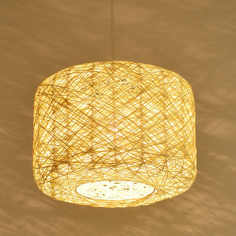 Tradition Rattan Drum Pendant Light - 1 Bulb 12’’/16’’/18’’ Wide Beige/Blue Hanging Ceiling