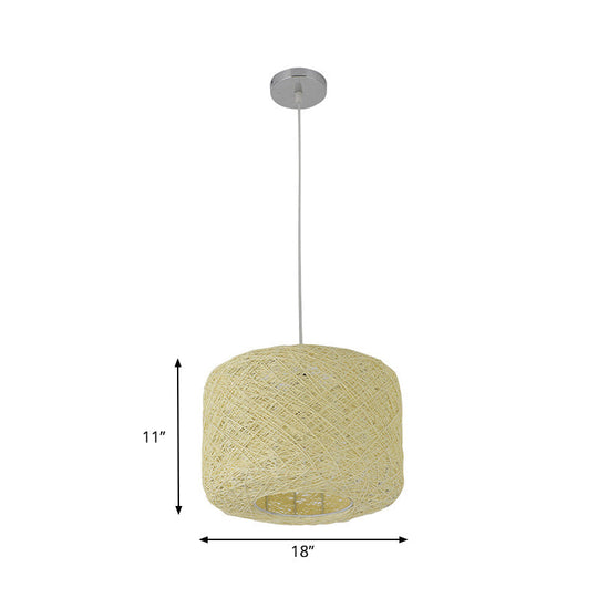 Rattan Drum Pendant Light 1 Bulb 12/16/18 Wide Beige/Blue Ceiling Hanging