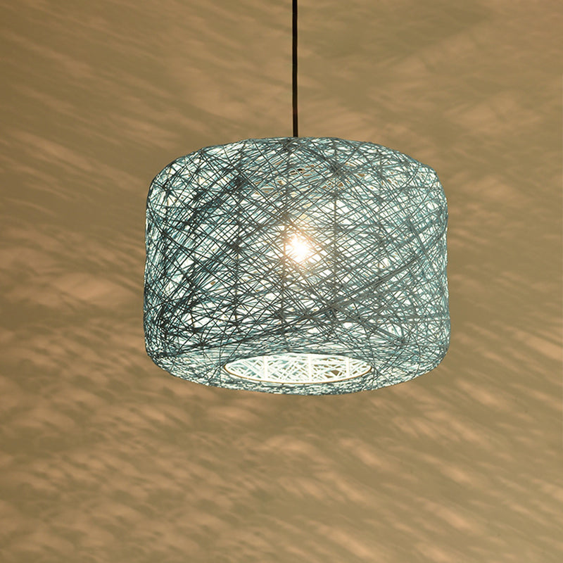 Rattan Drum Pendant Light 1 Bulb 12/16/18 Wide Beige/Blue Ceiling Hanging