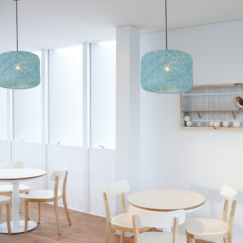 Tradition Rattan Drum Pendant Light - 1 Bulb 12’’/16’’/18’’ Wide Beige/Blue Hanging Ceiling